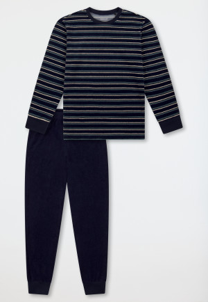 Schlafanzug lang Frottee Bündchen dunkelblau geringelt - Teens Nightwear