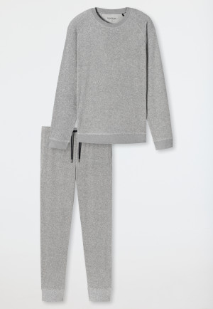 Schlafanzug lang Frottee Bündchen grau-meliert - Warming Nightwear