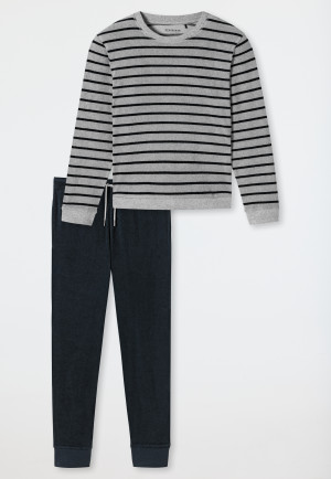 Schlafanzug lang Frottee Bündchen Streifen grau-meliert - Warming Nightwear