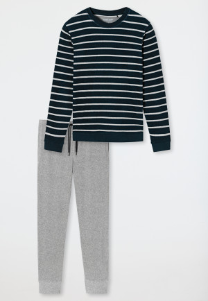 Schlafanzug lang Frottee Bündchen Streifen nachtblau - Warming Nightwear