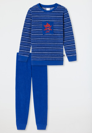 Pajamas long terry organic cotton cuffs stripes shark saber royal blue - Capt'n Sharky