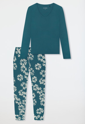 Pyjamas long interlock cuffs flowers green - Modern Nightwear