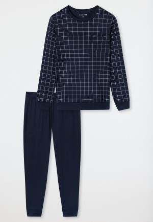 Pyjama long en interlock à poignets à carreaux bleu nuit - Fine Interlock
