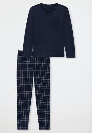 Pyjama long en interlock à carreaux bleu nuit - Fine Interlock