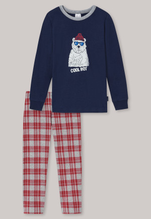 Pyjama long interlock coton bio carreaux ours polaire bleu foncé - Boys World