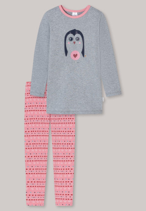 Long pajamas interlock organic cotton penguin hearts heather gray - Girls World