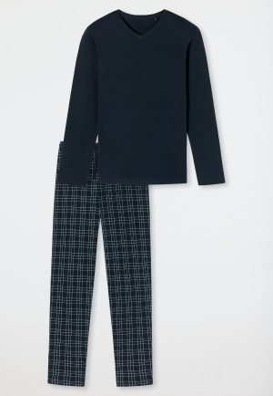 Pyjama lang interlock V-hals geruit nachtblauw - Fine Interlock