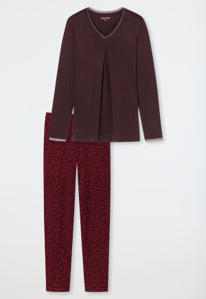 Schlafanzug lang Interlock V-Ausschnitt Spitze burgund - Classic Comfort Fit