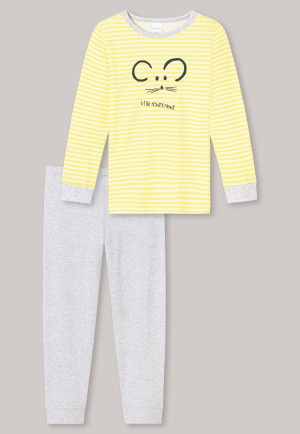 Schlafanzug lang Maus Ringel Bündchen gelb/grau-meliert - Yellow Mouse