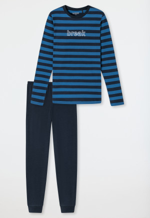 Pigiama lungo in cotone biologico di colore blu a righe con polsini e scritta "Break"- Nightwear