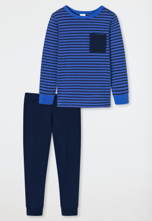 Schlafanzug lang Organic Cotton Bündchen Brusttasche Ringel dunkelblau - Boys World