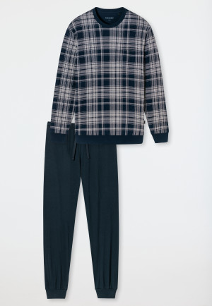 Schlafanzug lang Organic Cotton Bündchen Karos dunkelblau - Comfort Fit