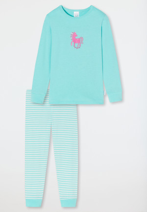 Pajamas long organic cotton cuffs horse stripes turquoise - Nightwear