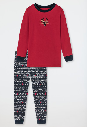 Lange pyjama biologisch katoen met manchetten rendier Noorwegen rood - Family