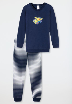 Pajamas long organic cotton cuffs stripes construction vehicle dark blue – Original Classics