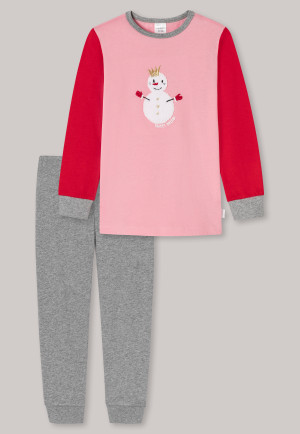 Pyjama long bords-côtes coton bio bonhomme de neige effet 3D rose - Girls World