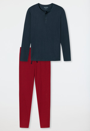 Pajamas long organic cotton button placket herringbone pattern dark blue - Fashion Nightwear