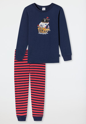 Schlafanzug lang Organic Cotton Ringel Bündchen Schiff Piraten dunkelblau - Boys World