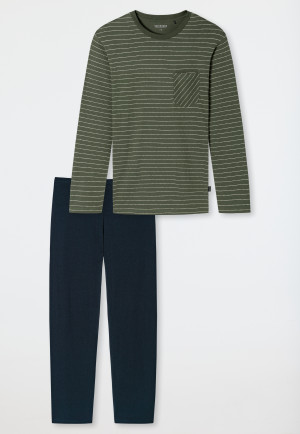 Pyjama long coton bio encolure ronde rayures kaki / bleu foncé - Fashion Nightwear