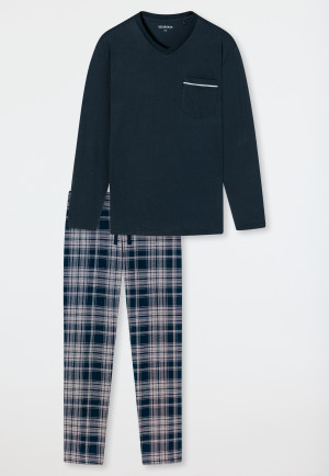 Schlafanzug lang Organic Cotton V-Ausschnitt Karos dunkelblau - Comfort Fit