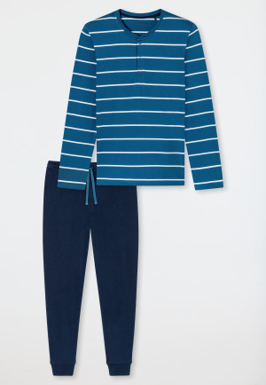 Schlafanzug lang Ringel Knopfleiste dunkelblau - Casual Nightwear