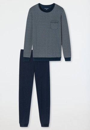 Pyjama long encolure arrondie bords-côtes motifs bleu foncé - Fine Interlock