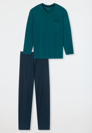 Pyjamas long V-neck chest pocket denim blue patterned - Comfort Essentials