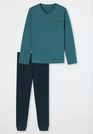 Schlafanzug lang V-Ausschnitt Bündchen Dreiecke petrol - Casual Essentials