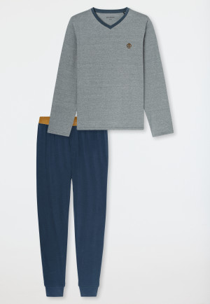 Lange pyjama met v-hals en manchetten, streepjes, diepblauw - 95/5