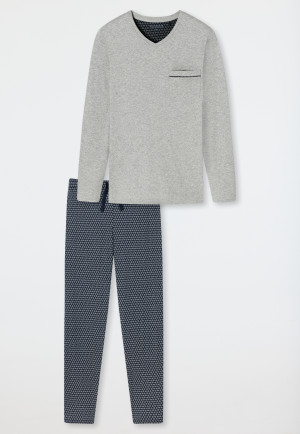 Pyjama long à encolure en V, à motifs, gris chiné/bleu foncé - Fine Interlock