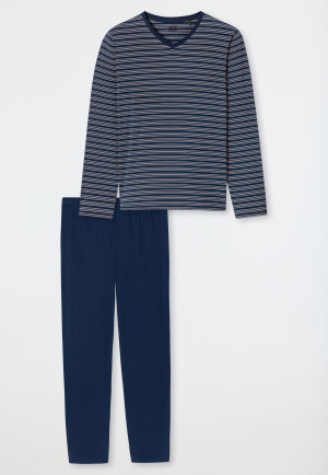Pyjama long encolure en V rayures bleu foncé - Long Life Soft