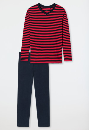 Schlafanzug lang V-Ausschnitt Ringel rot - Essentials Nightwear
