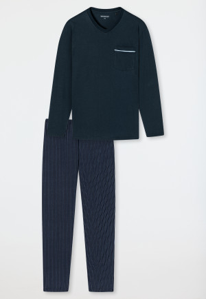 Schlafanzug lang V-Ausschnitt Streifen dunkelblau - Comfort Fit