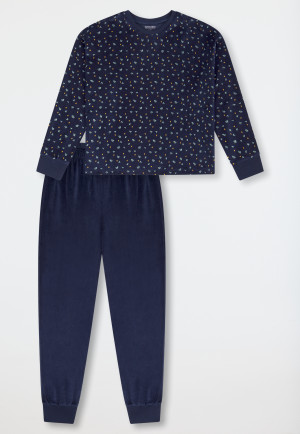 Pyjama long velours poignet Mille Fleur bleu foncé - Teens Nightwear