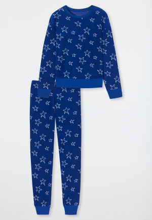 Schlafanzug lang Velour Bündchen Sterne blau - Teens Nightwear