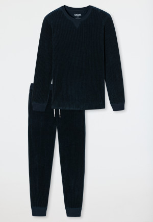 Schlafanzug lang Kord/ Velour Bündchen Streifen nachtblau - Warming Nightwear