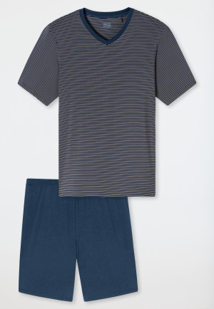 Korte pyjama van modalvezel met v-hals, blauw met strepen - Long Life Soft
