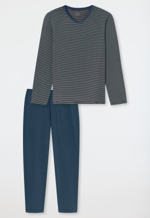 Lange pyjama van modalvezel met v-hals, blauw met strepen - Long Life Soft