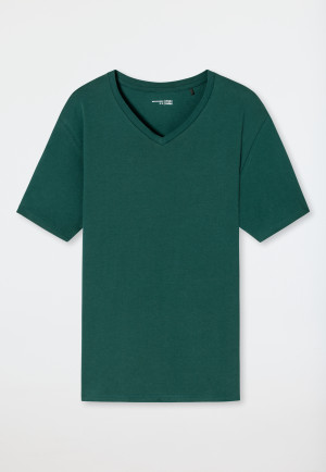 Maglia a maniche corte in cotone biologico con scollo a V, verde scuro - Mix+Relax