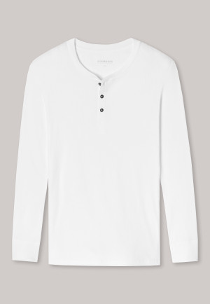 Maglietta a maniche lunghe a doppia costa in cotone biologico con abbottonatura, bianco - Retro Rib