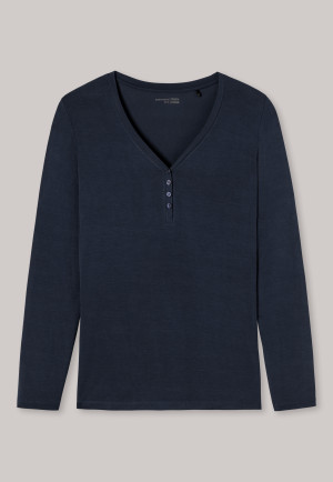 Shirt lange mouwen modal V-hals knoopsluiting donkerblauw - Mix + Relax