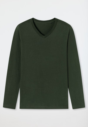 Maglia a maniche lunghe in cotone biologico con scollo a V, verde scuro - Mix+Relax