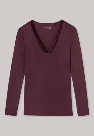 Shirt langarm V-Ausschnitt Spitze Modal burgund - Mix+Relax