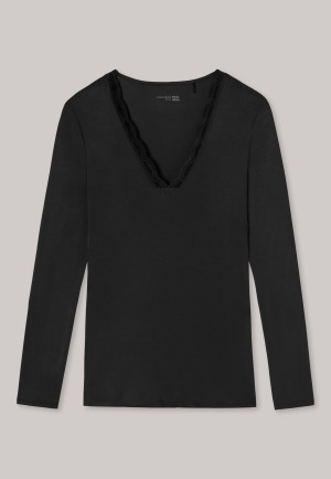 Shirt lange mouwen V-hals kant modal zwart - Mix+Relax