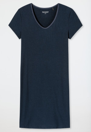 Slaapshirt korte mouwen dubbelrib V-hals nachtblauw - Modern Rib - Natural Dye