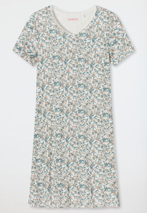 Sleep shirt short-sleeved interlock V-neck lace flower print light blue - Feminine Floral Comfort Fit