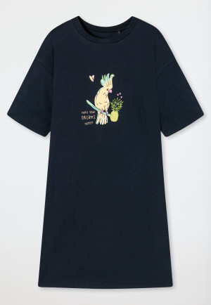Sleep shirt short-sleeved organic cotton cockatoo dark blue patterned - Ocean Flow