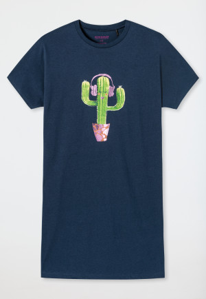 Chemise de nuit manches courtes en coton biologique cactus bleu foncé - Prickly Love
