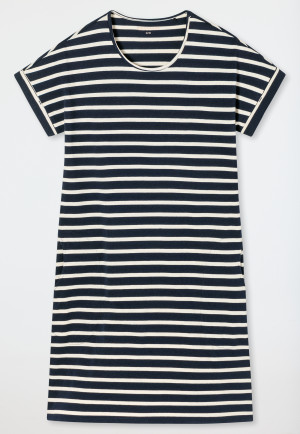 Sleep shirt short-sleeved pockets turn-up sleeves Breton stripes dark blue - Essential Stripes