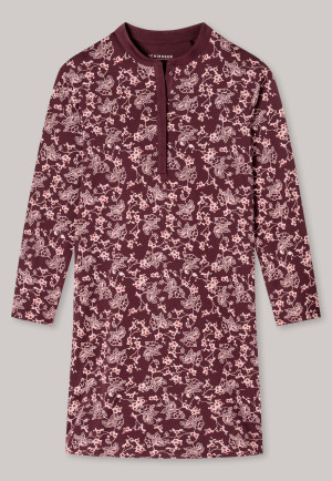 Sleep shirt long-sleeved interlock button placket floral print burgundy - Sense of Nostalgia